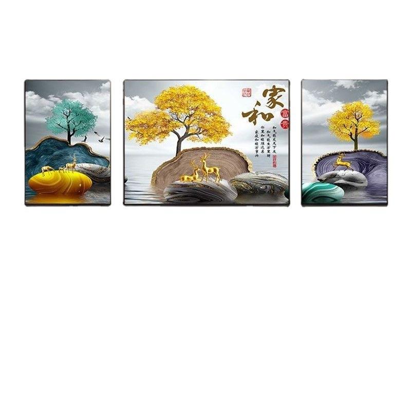 客厅山水画免打孔经典晶瓷画现代三联沙发背景墙有框新款镶钻壁画
