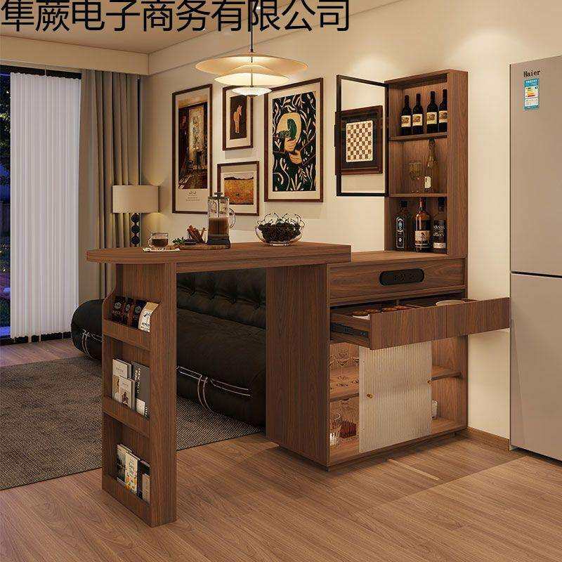 款伸实木复古风吧台缩吧台桌-隔边柜家新用客厅小吧台柜餐断桌一