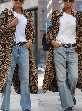 Printed collar women's trench coat long sleeved jacket