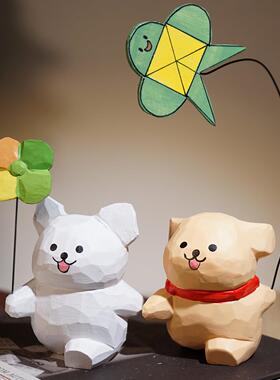 “去浪呀”线 线条小狗手工木雕小摆件可爱办公室电脑桌面装饰品