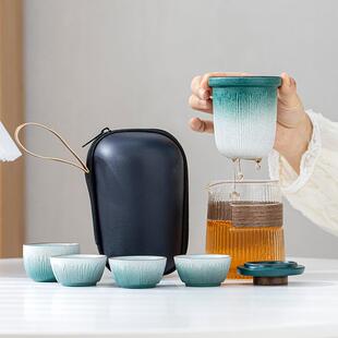 青石釉便携收纳旅行茶具快客小套装 户外随身简易玻璃泡茶快客杯