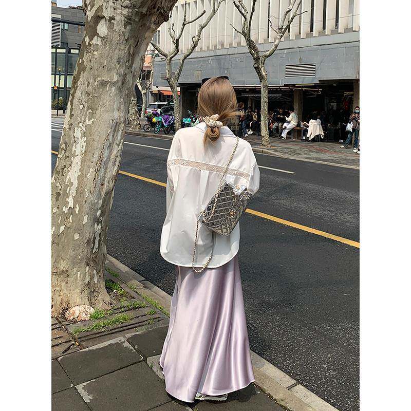 林初一 醋酸缎面紫色半身裙女夏季垂坠感到脚踝长裙显瘦a字鱼尾裙