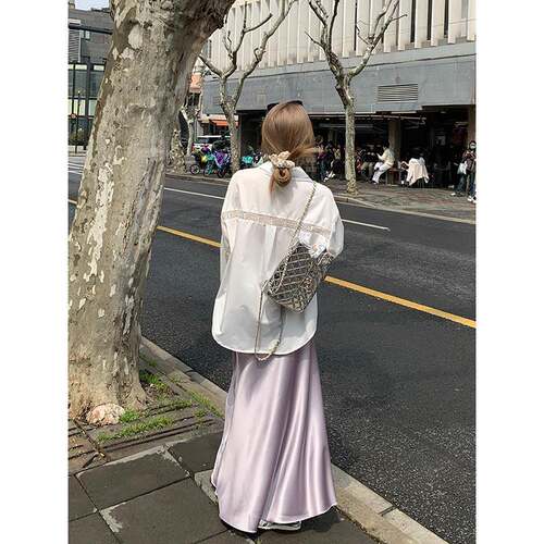 林初一 醋酸缎面紫色半身裙女夏季垂坠感到脚踝长裙显瘦a字鱼尾裙