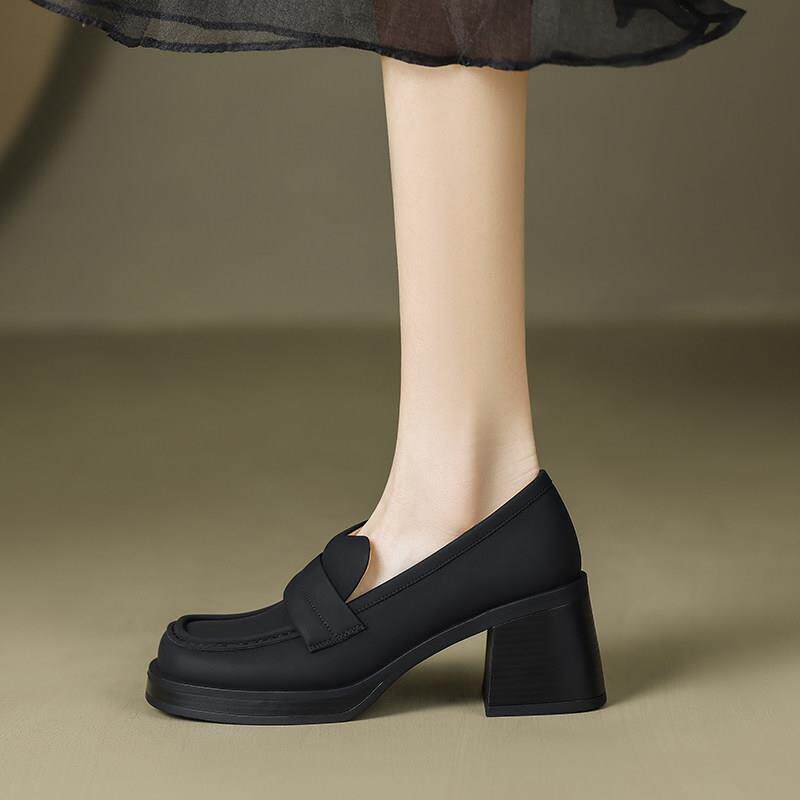 高跟厚底乐福鞋女2025春秋新款真皮一脚蹬英伦小皮鞋方头粗跟单鞋