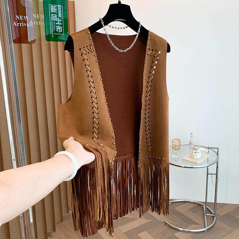 新品西部牛仔风重工柳钉流苏马甲女秋装复古麂皮绒叠穿外搭开衫上