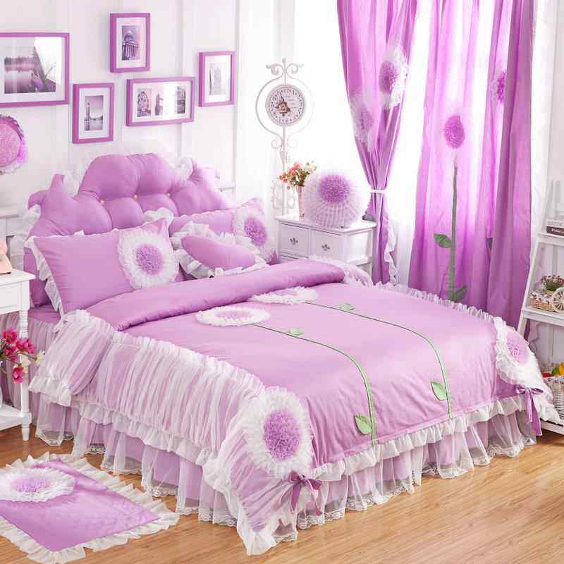 高档韩版全棉粉色公主纯花边床裙四件套棉蕾丝床单婚品庆床上用风