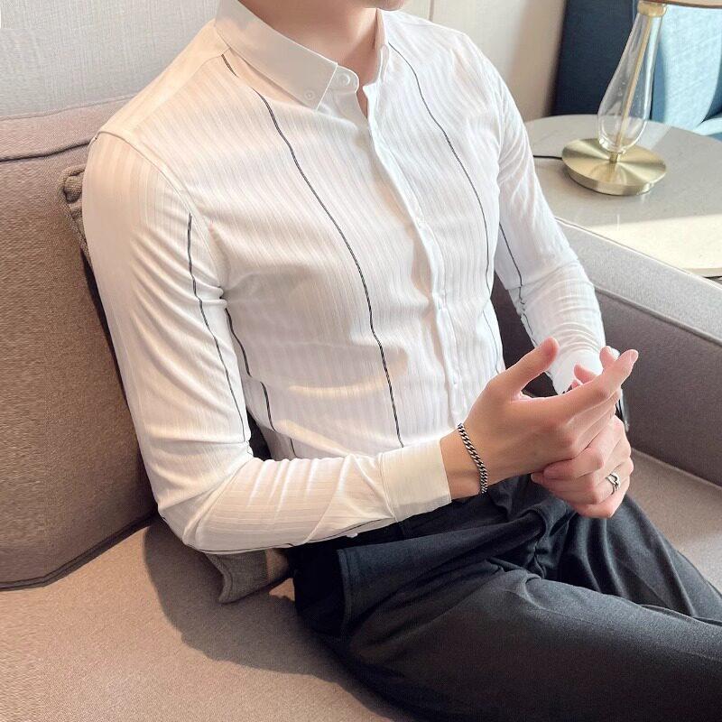 LL男装衬衫男长袖高级感痞帅休闲修身春秋季白色商务正装条纹衬衣