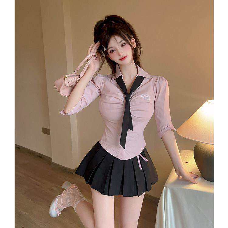 足浴技师工作服2026粉色收腰衬衫女学院风减龄修身显瘦制服套装