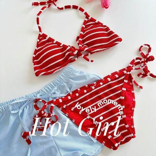Free vacation style, red and white stripes, white beach,