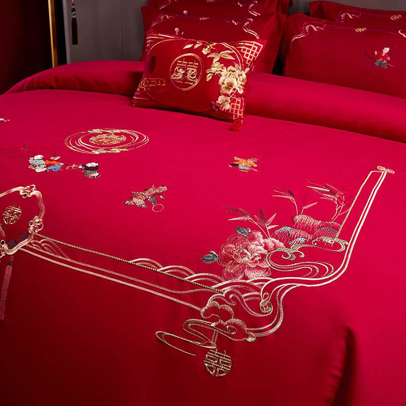 大红色高端婚庆四棉件套水洗床套床单婚房结婚QSD上用被品喜庆陪