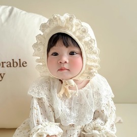 婴儿帽子春秋韩系可爱蕾丝绑带帽婴童护耳帽新生儿套头帽胎帽