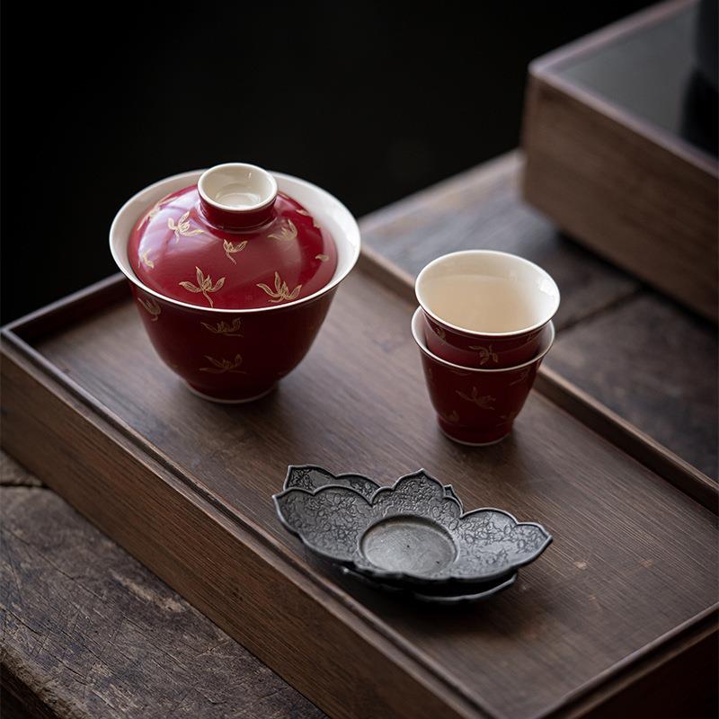 郎红烫金兰花盖碗红色陶瓷泡茶碗国风结婚婚礼敬茶碗茶杯中式新款