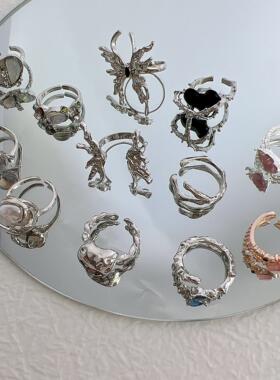 17KM Y2K Crystal Rings Kpop Heart Adjustable Ring Irregular