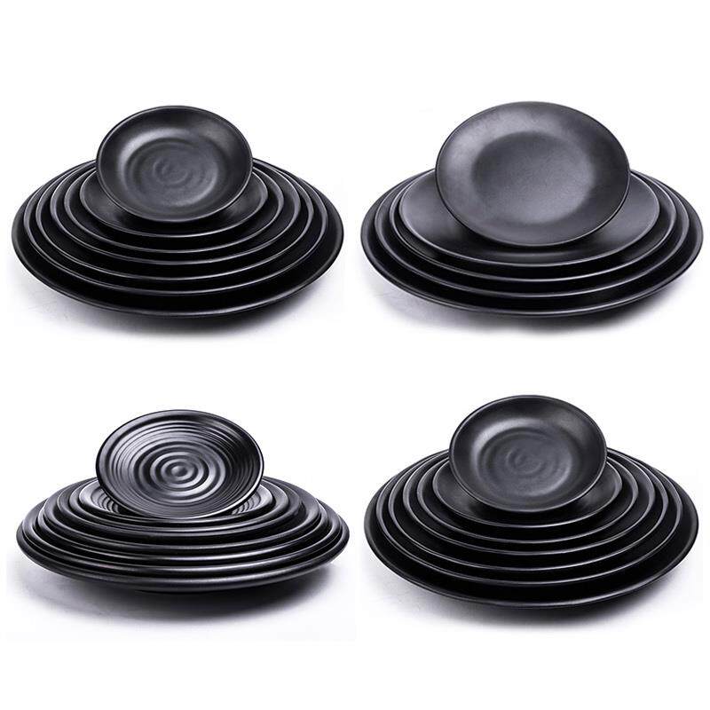 密胺餐具黑色快餐烧烤圆盘塑料盘子磨砂烤肉浅盘圆形盘子火锅餐盘