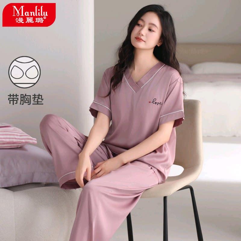 中年妈妈睡衣女夏季真丝绸带胸垫短袖长裤套头冰丝家居服2026新款