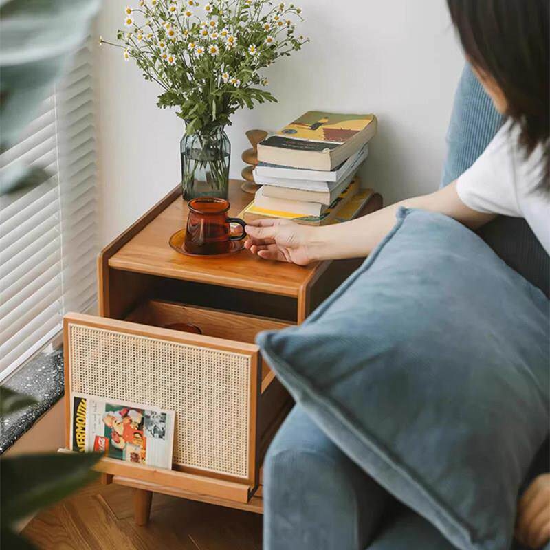 北欧实木床头柜日式藤编迷你收纳柜简易卧室抽屉收纳柜沙发边柜