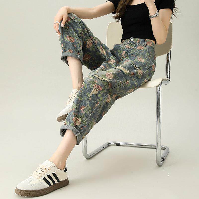 印花破洞牛仔裤女夏季薄款2025新款时尚哈伦九分宽松紧高腰老爹裤