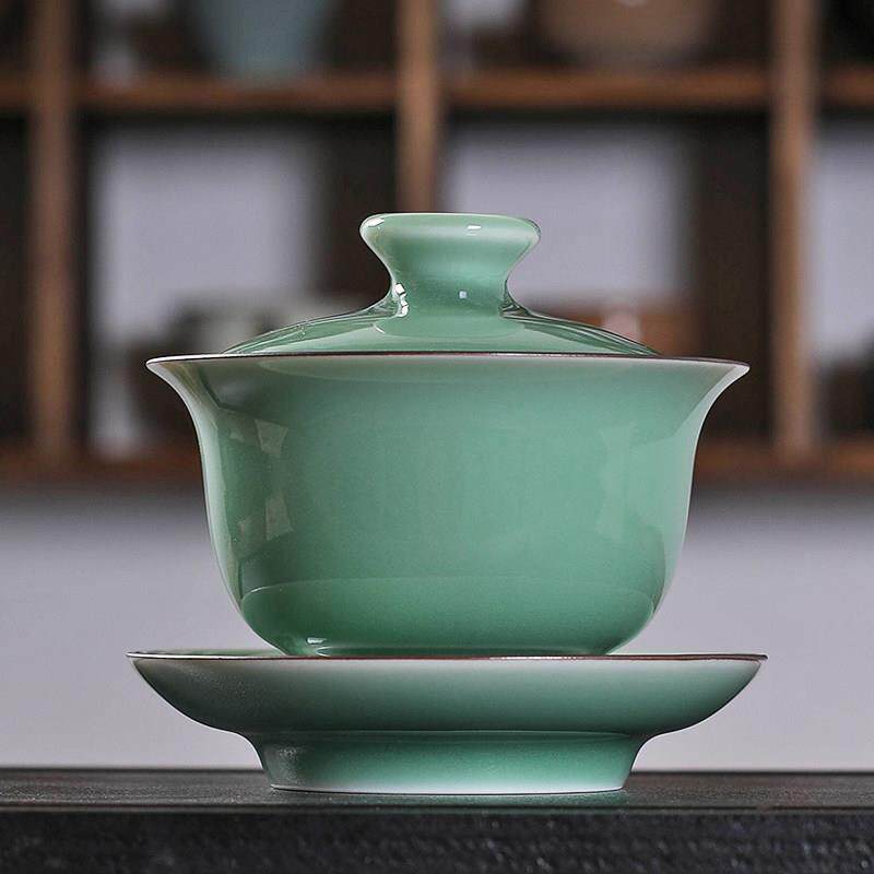 青瓷手工三才盖碗茶杯不烫手龙泉弟窑陶瓷功夫茶具泡茶碗家用中式