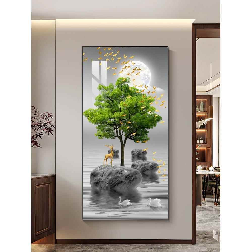 入户进门发财树玄关装饰画轻奢走廊过道背景墙面挂画竖版现代壁画