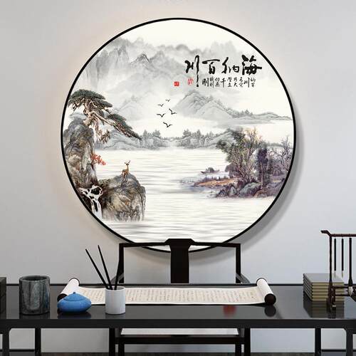 新中式圆形装饰画餐厅饭厅背景墙壁画客厅入户玄关装饰画圆形挂画