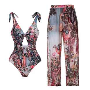 piece long swimsuit mesh pants printed One