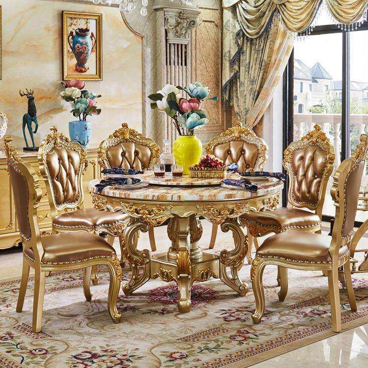 欧式大理石餐桌送转盘实木圆桌奢华贵族金色餐桌椅组合6/8人饭桌