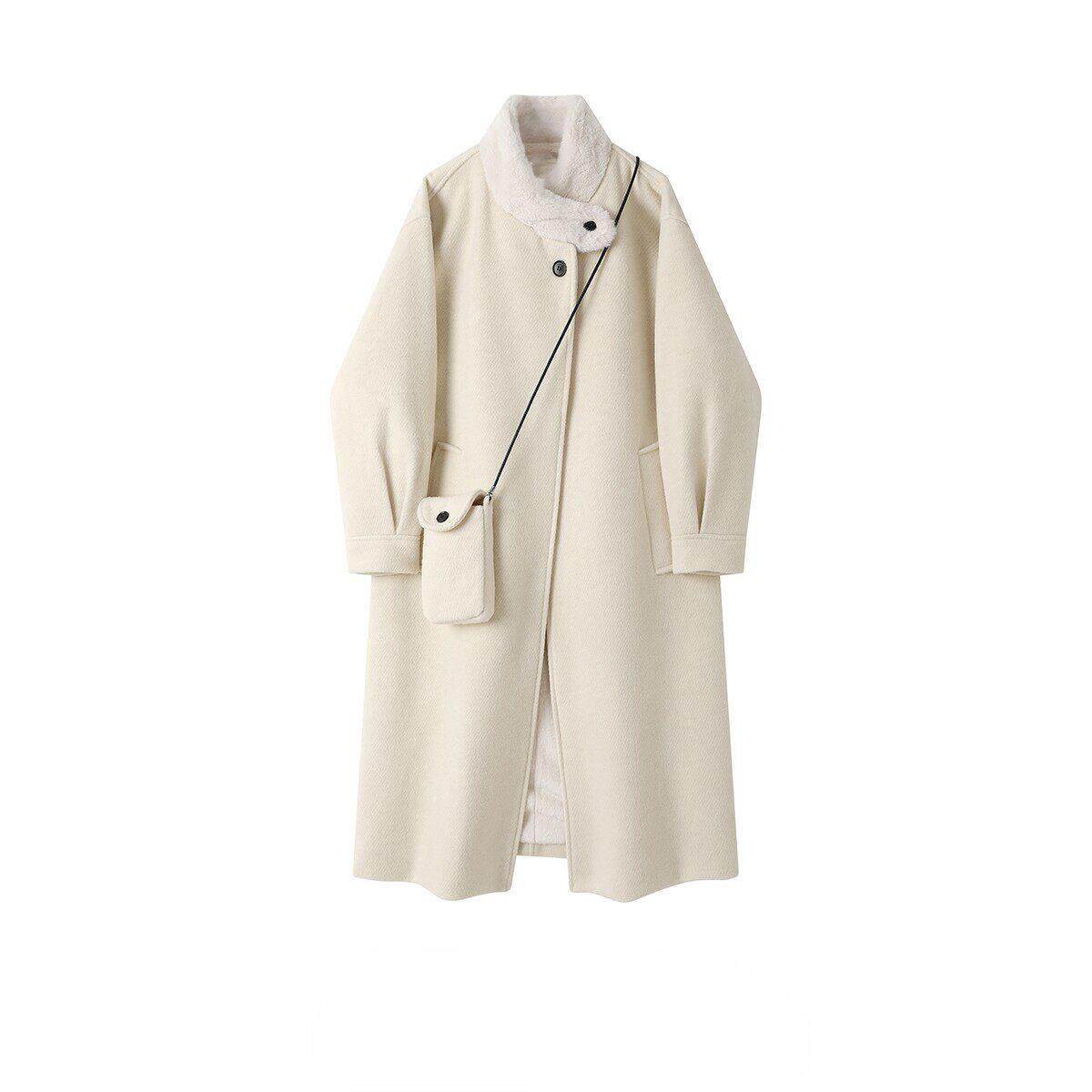 香港冬季韩系立领羊毛呢子中长款大衣女高级感羊羔毛加绒保暖外套