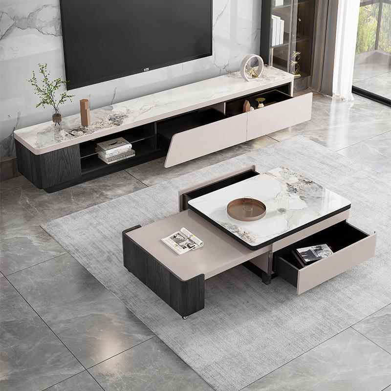 轻奢岩板电视柜现代简约小户型意式伸缩电视柜茶几组合地柜带抽屉