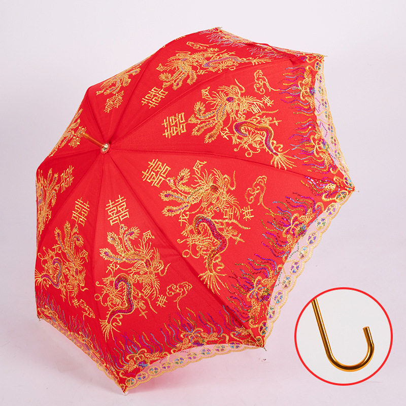 结婚用品新娘出门大红伞喜庆婚伞婚庆红色全自动亮片长柄伞晴雨伞