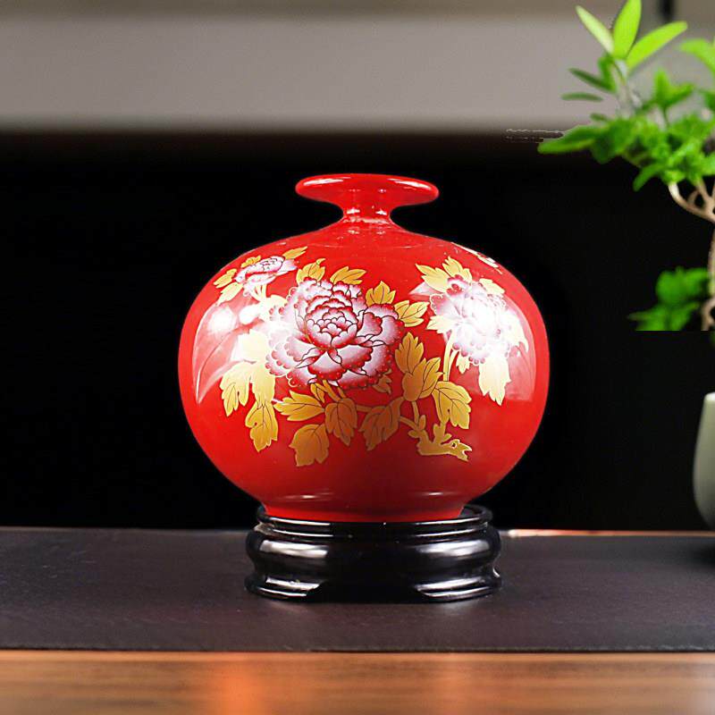德化中国红陶瓷石榴牡丹花瓶摆件工艺品轻奢高档客厅高级感大口径