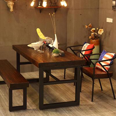 餐馆店酒店桌椅组饭合美式实木长方餐60508形桌椅家用休闲铁艺洽