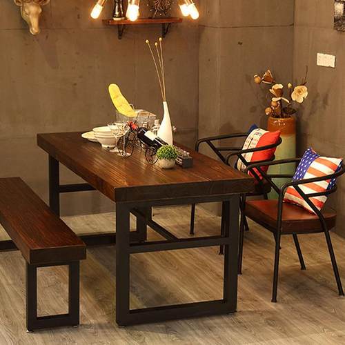 餐馆店酒店桌椅组饭合美式实木长方餐60508形桌椅家用休闲铁艺洽