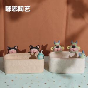 素烧手捏双头长条小猪猪盆纯手工可爱清新透气吸水屁屁肉锥多肉盆
