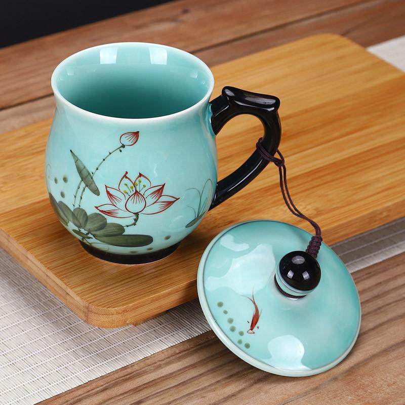景德镇茶杯陶瓷带盖水杯手绘办公室个人杯青瓷家用喝水杯子礼品杯,餐饮具,茶杯,淘宝优惠券,粉丝福利购,淘宝优惠卷