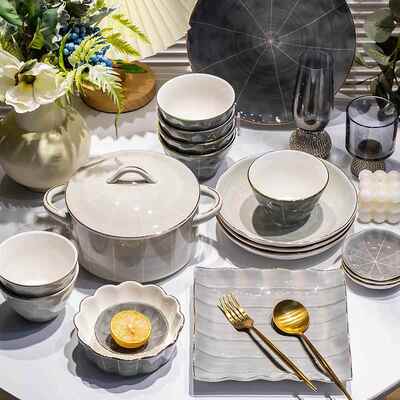 康陌KANGMO）轻奢风碟碗装套450家用高颜值金边釉下彩陶瓷餐具组