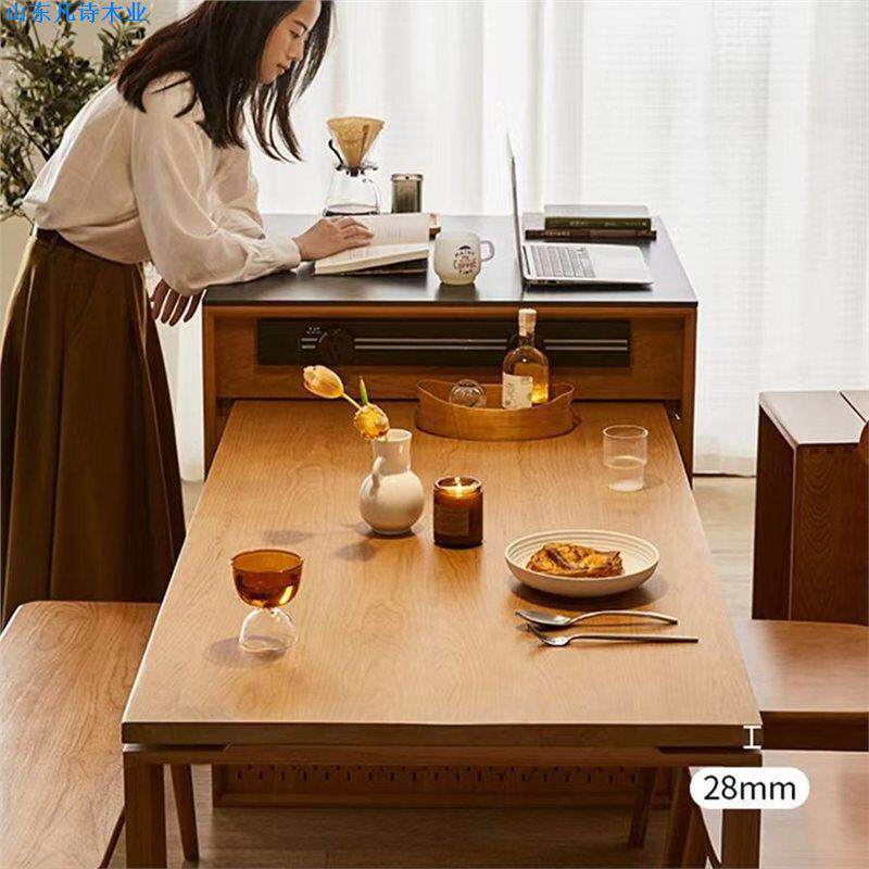 樱桃木北欧岛台餐边柜一体日式岩板吧台可伸缩黑胡桃木全实木储物