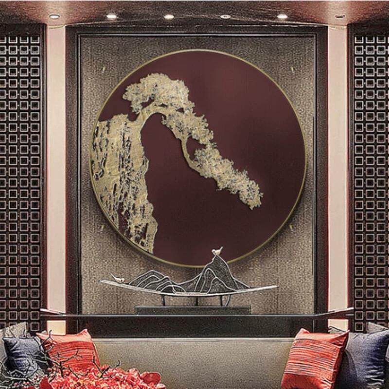 新中式迎客松装饰画 手工贴金浮雕玄关挂画 可金箔漆艺软装画