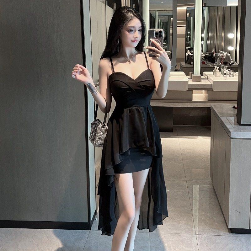 温柔风大摆长裙礼服裙高腰不规则抹胸吊带连衣裙设计感仙女裙