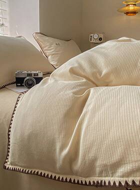 全棉厚织长绒棉四件套立体提花贝壳边磨毛被套纯棉裸睡床上三件套