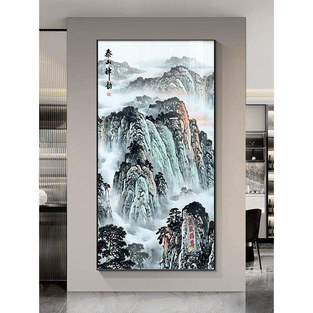 泰山画靠山图玄关装饰画山水画走廊过道客厅挂画竖版大气风景国画