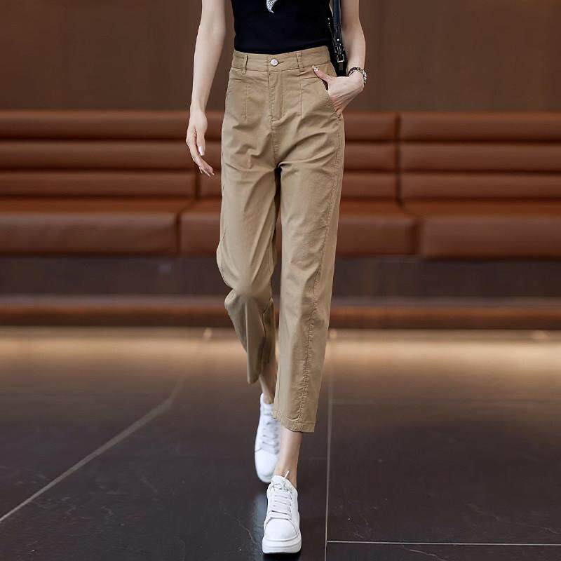 高端八分裤女2025春秋新款纯棉卡其色休闲 裤小个子显瘦西装哈伦