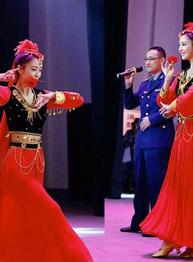 高档蹈佟丽成娅同款新疆舞演出服开场大摆裙人女舞红色长袖维吾尔