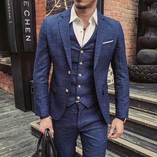 新郎西服套装男士三件套休闲商务正装修身结婚礼服格子英伦西装男