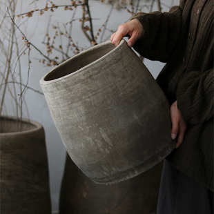 侘寂风黑灰色复古陶罐落地陶瓷大花盆大缸民宿装饰粗陶花瓶中式