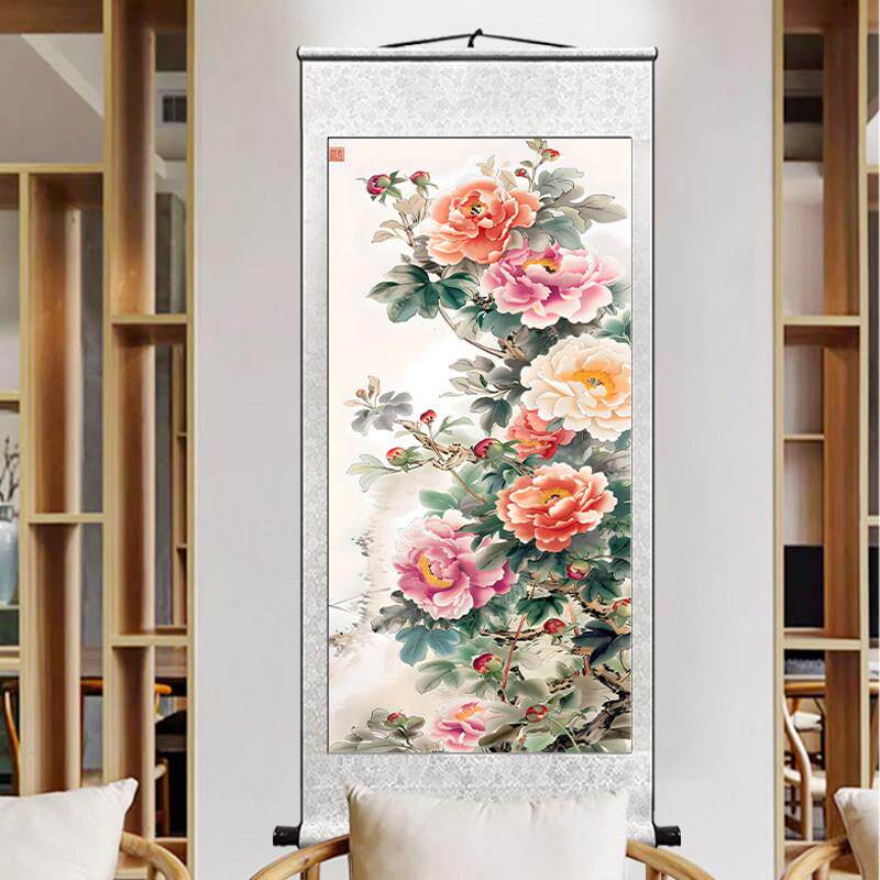 竖版牡丹花开富贵卷轴挂画客厅字画玄关入户山水花鸟大气装饰国画