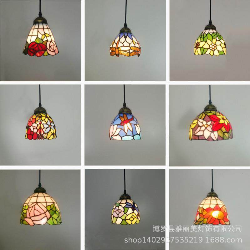 复古地中海创意蒂凡尼彩色玻璃田园餐厅吧台走廊过道三头吊灯