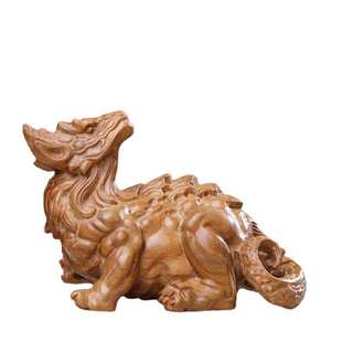 小叶紫檀绿檀木雕白泽祥瑞神兽摆件手把件供奉车内中控家居装饰品
