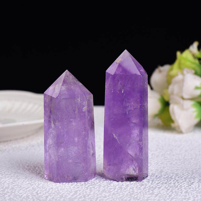 天然巴西紫水晶原石打磨单尖六棱柱紫水晶六棱柱跨境热销厂家直供