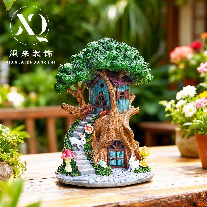户外太阳能灯树屋装饰树脂摆件微景观庭院花园树屋造景搭配工艺品