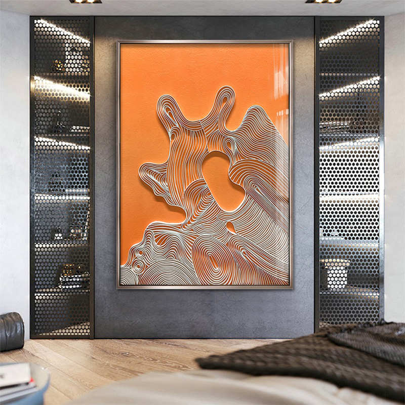 北欧橙色大幅挂画后现代装饰画楼梯口奢客厅轻玄关抽象样板间立体图片